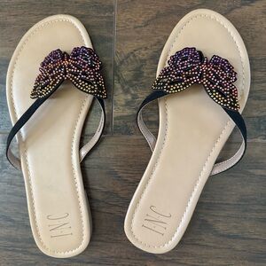 Inc sandals tan leather and black velvet butterflies rhinestones size 8 like new